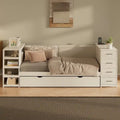 Holz-Tagesbett in Doppelbettgröße mit Ausziehbett, Seitenregal und Schubladen, Stauraumbett mit Schreibtisch und Ladestation für Schlafzimmer, Gästezimmer