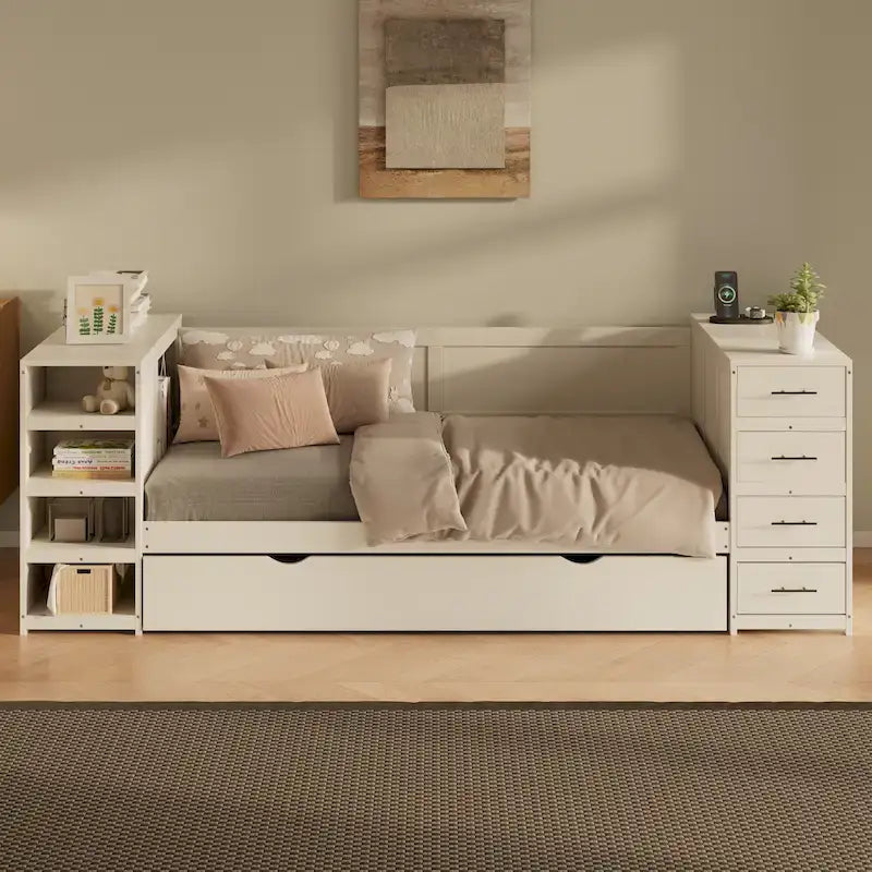 Holz-Tagesbett in Doppelbettgröße mit Ausziehbett, Seitenregal und Schubladen, Stauraumbett mit Schreibtisch und Ladestation für Schlafzimmer, Gästezimmer