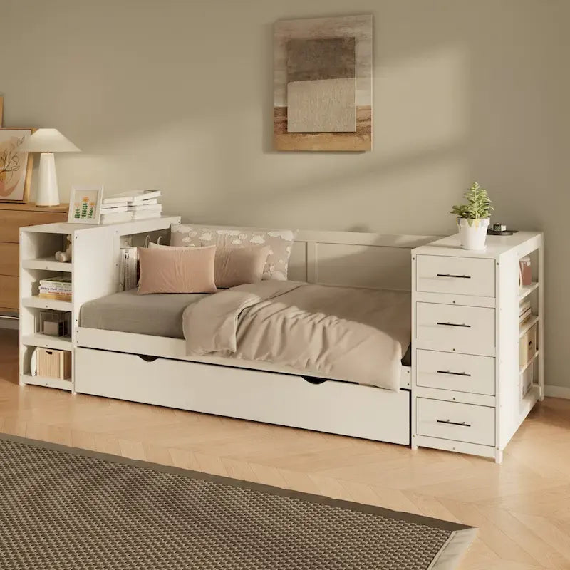 Holz-Tagesbett in Doppelbettgröße mit Ausziehbett, Seitenregal und Schubladen, Stauraumbett mit Schreibtisch und Ladestation für Schlafzimmer, Gästezimmer