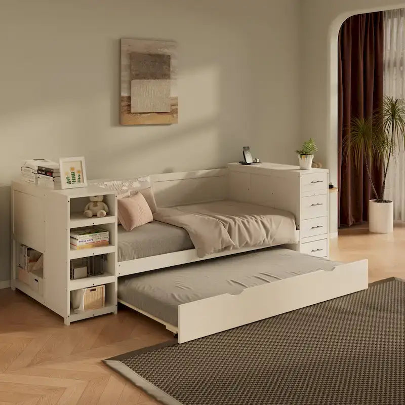 Holz-Tagesbett in Doppelbettgröße mit Ausziehbett, Seitenregal und Schubladen, Stauraumbett mit Schreibtisch und Ladestation für Schlafzimmer, Gästezimmer