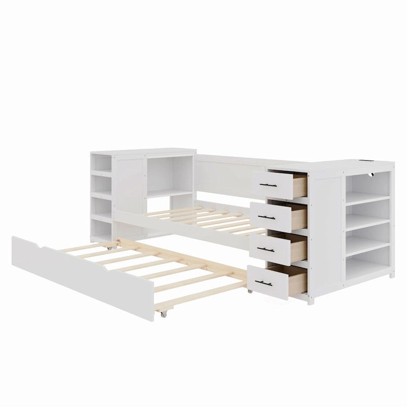 Holz-Tagesbett in Doppelbettgröße mit Ausziehbett, Seitenregal und Schubladen, Stauraumbett mit Schreibtisch und Ladestation für Schlafzimmer, Gästezimmer