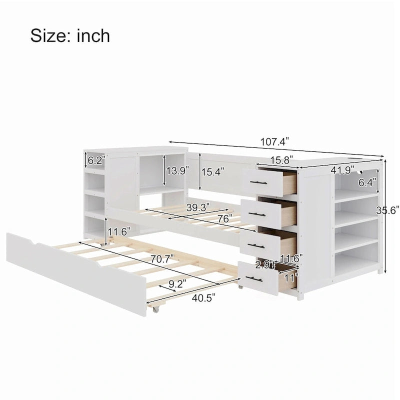 Holz-Tagesbett in Doppelbettgröße mit Ausziehbett, Seitenregal und Schubladen, Stauraumbett mit Schreibtisch und Ladestation für Schlafzimmer, Gästezimmer