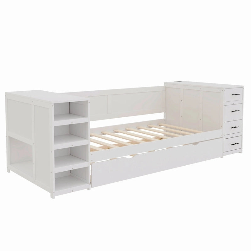 Holz-Tagesbett in Doppelbettgröße mit Ausziehbett, Seitenregal und Schubladen, Stauraumbett mit Schreibtisch und Ladestation für Schlafzimmer, Gästezimmer