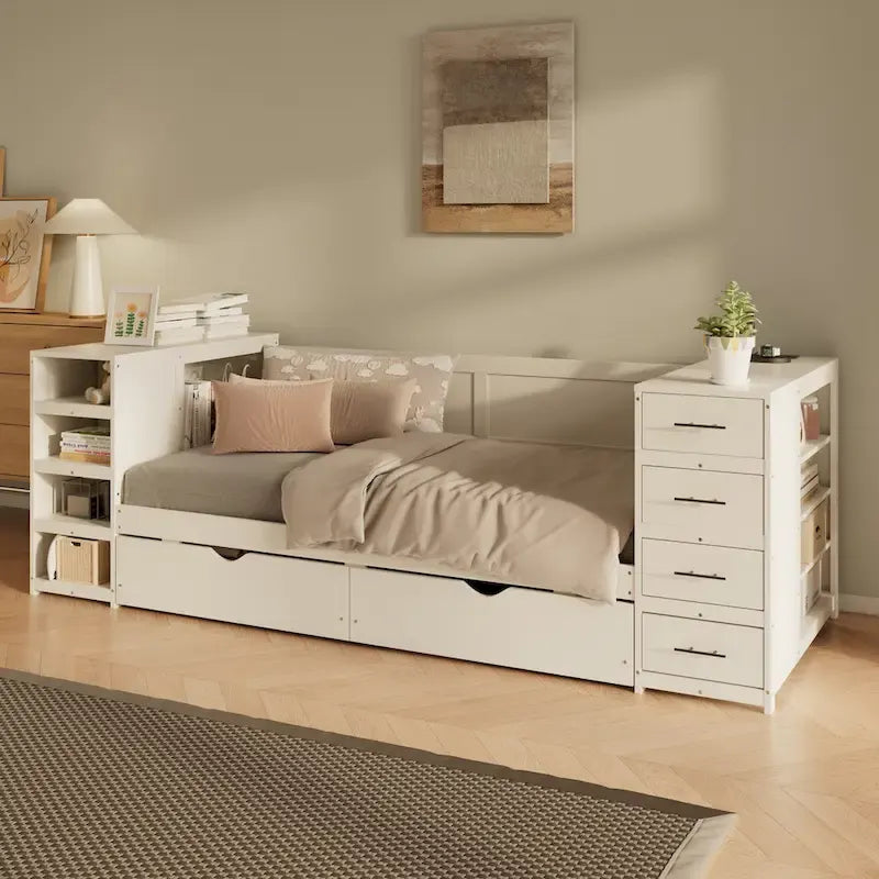 Holz-Tagesbett in Doppelbettgröße mit Ausziehbett, Seitenregal und Schubladen, Stauraumbett mit Schreibtisch und Ladestation für Schlafzimmer, Gästezimmer