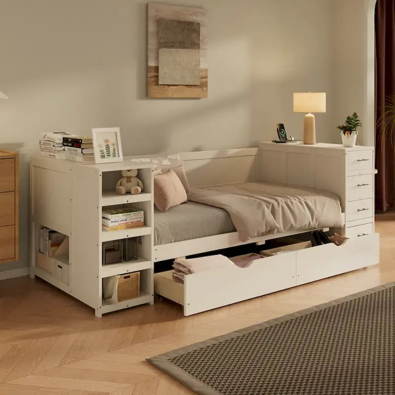 Holz-Tagesbett in Doppelbettgröße mit Ausziehbett, Seitenregal und Schubladen, Stauraumbett mit Schreibtisch und Ladestation für Schlafzimmer, Gästezimmer