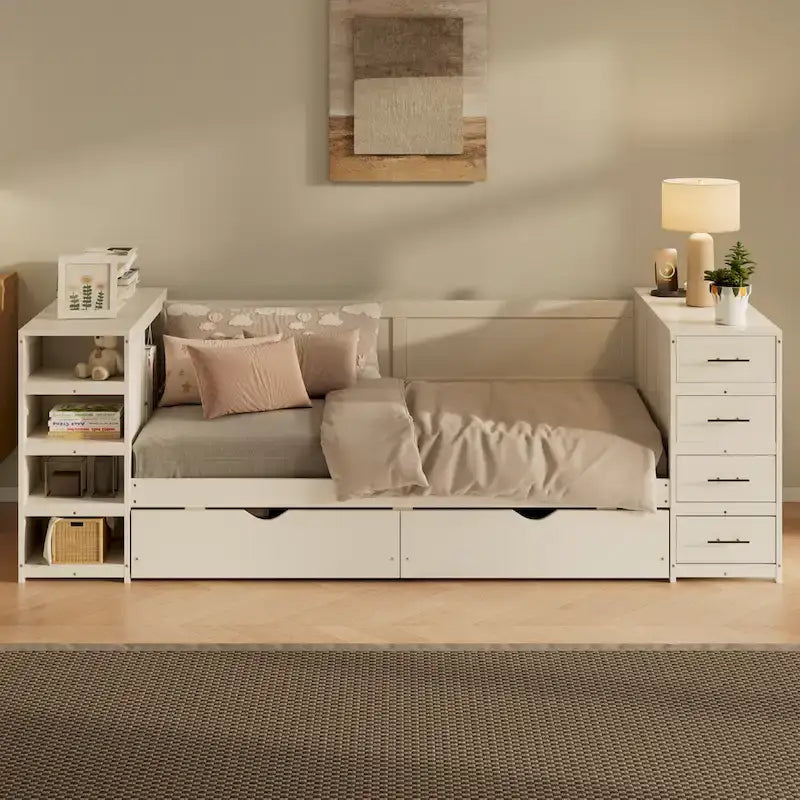 Holz-Tagesbett in Doppelbettgröße mit Ausziehbett, Seitenregal und Schubladen, Stauraumbett mit Schreibtisch und Ladestation für Schlafzimmer, Gästezimmer