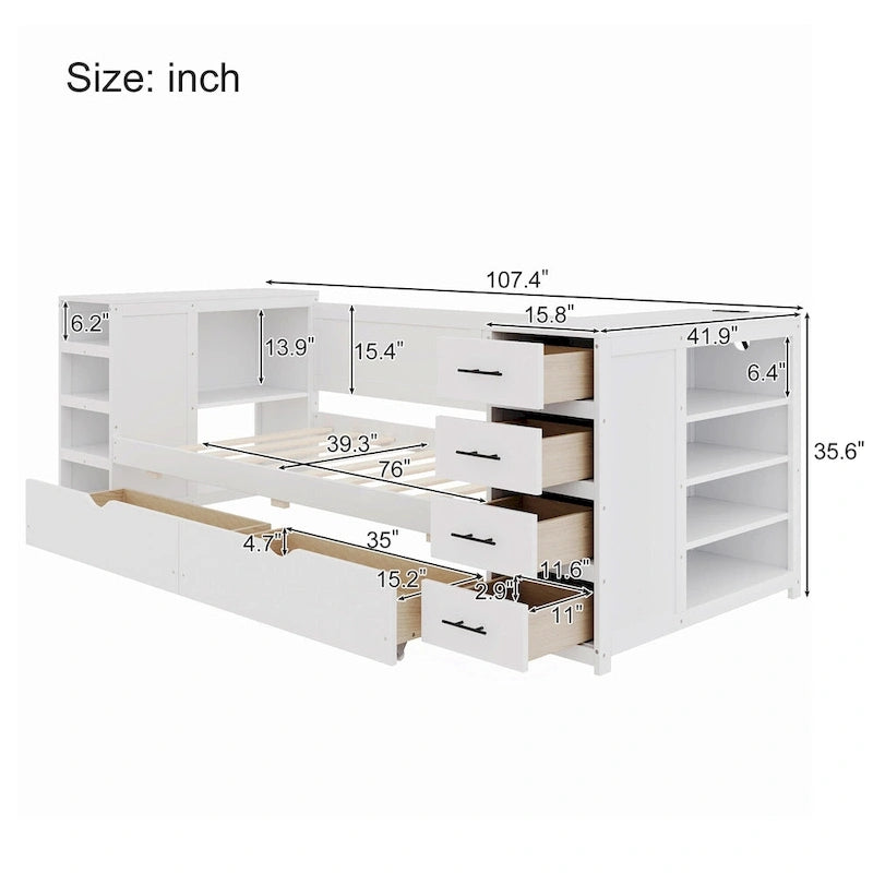 Holz-Tagesbett in Doppelbettgröße mit Ausziehbett, Seitenregal und Schubladen, Stauraumbett mit Schreibtisch und Ladestation für Schlafzimmer, Gästezimmer
