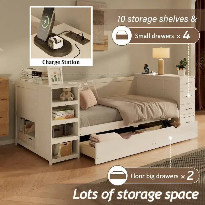 Holz-Tagesbett in Doppelbettgröße mit Ausziehbett, Seitenregal und Schubladen, Stauraumbett mit Schreibtisch und Ladestation für Schlafzimmer, Gästezimmer