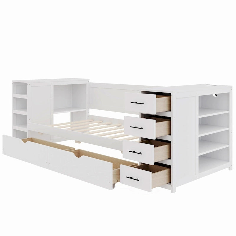 Holz-Tagesbett in Doppelbettgröße mit Ausziehbett, Seitenregal und Schubladen, Stauraumbett mit Schreibtisch und Ladestation für Schlafzimmer, Gästezimmer
