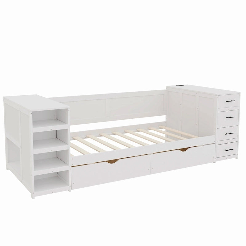 Holz-Tagesbett in Doppelbettgröße mit Ausziehbett, Seitenregal und Schubladen, Stauraumbett mit Schreibtisch und Ladestation für Schlafzimmer, Gästezimmer