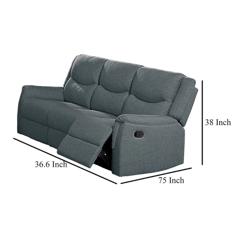 Manuelles Relaxsofa mit Kissenarmlehnen, 190,5 cm breit, grauer Kunstleinenstoff