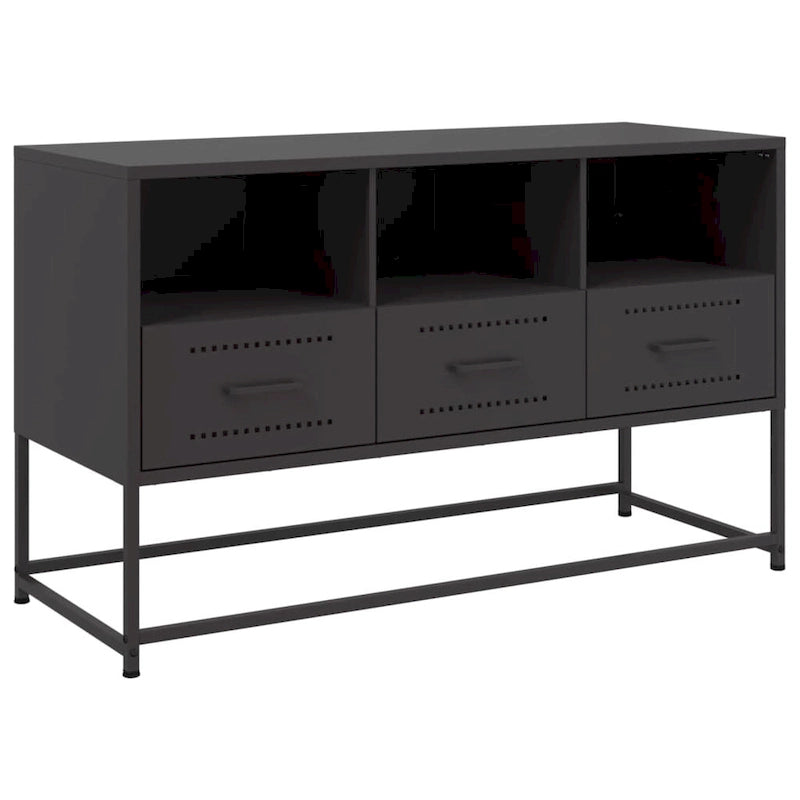 Industrialer TV-Ständer aus Stahl mit 3 Schubladen und offenen Fächern – 100,5 cm L x 39 cm B x 60,5 cm H