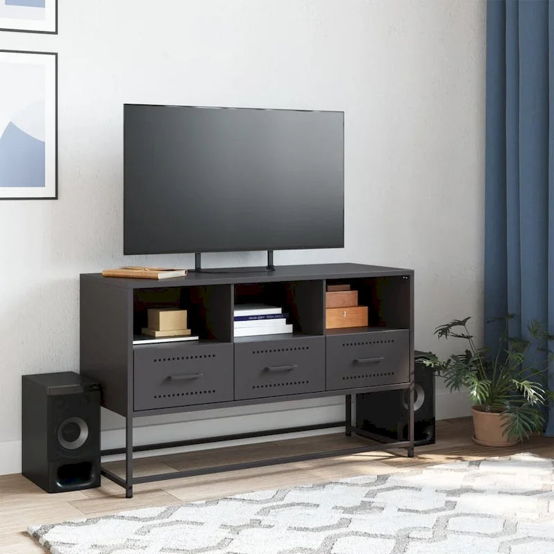 Industrialer TV-Ständer aus Stahl mit 3 Schubladen und offenen Fächern – 100,5 cm L x 39 cm B x 60,5 cm H