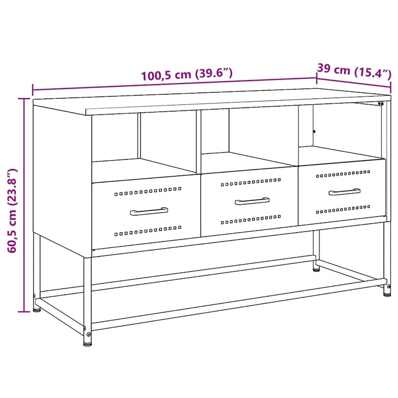 Industrialer TV-Ständer aus Stahl mit 3 Schubladen und offenen Fächern – 100,5 cm L x 39 cm B x 60,5 cm H