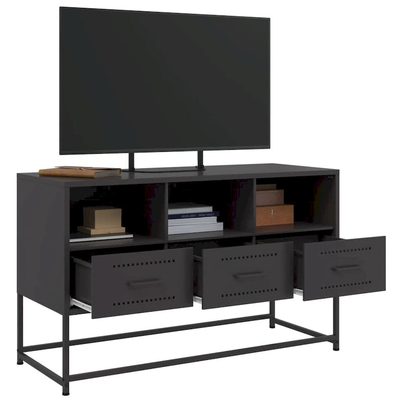 Industrialer TV-Ständer aus Stahl mit 3 Schubladen und offenen Fächern – 100,5 cm L x 39 cm B x 60,5 cm H