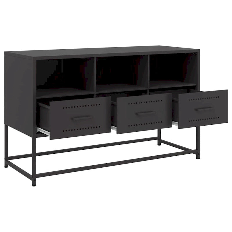 Industrialer TV-Ständer aus Stahl mit 3 Schubladen und offenen Fächern – 100,5 cm L x 39 cm B x 60,5 cm H