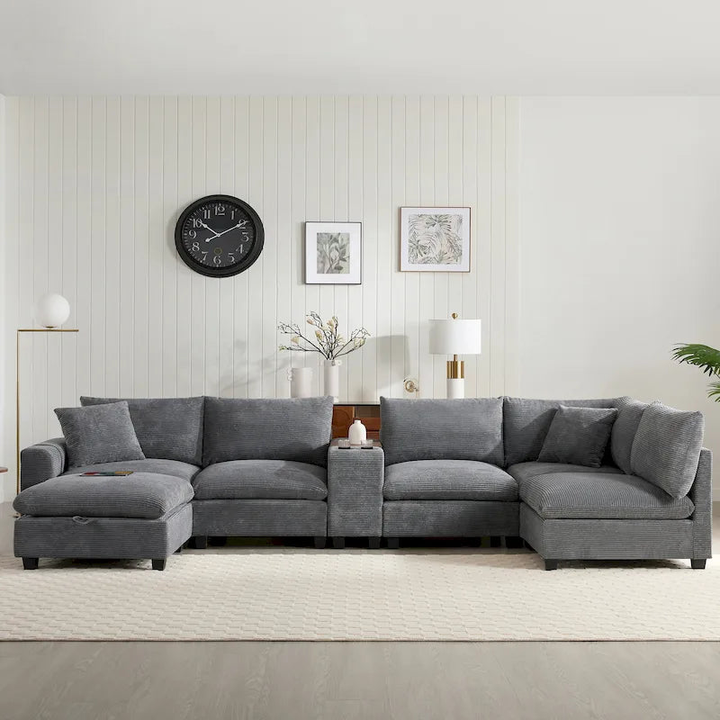 U-förmiges Chenille-Sofa mit Ottomane, Konsole, Getränkehalter, breiter Sitzfläche, USB