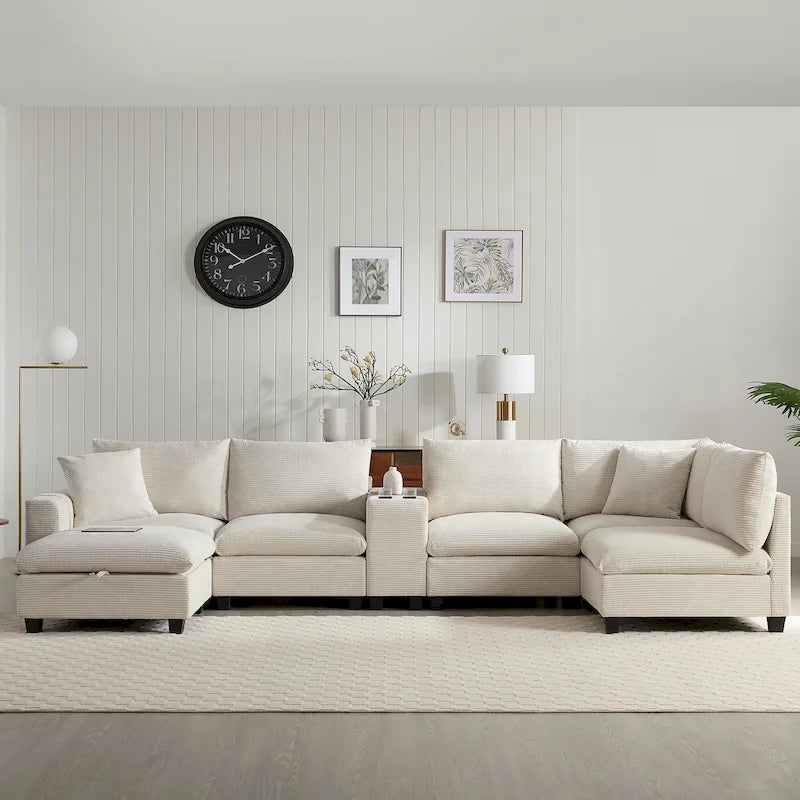 U-förmiges Chenille-Sofa mit Ottomane, Konsole, Getränkehalter, breiter Sitzfläche, USB