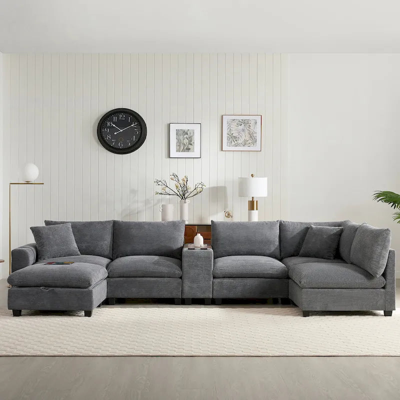 U Shaped Chenille Sofa w/Ottoman,Console,Cup Holder,Wide Seat,USB