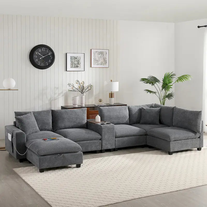 U-förmiges Chenille-Sofa mit Ottomane, Konsole, Getränkehalter, breiter Sitzfläche, USB