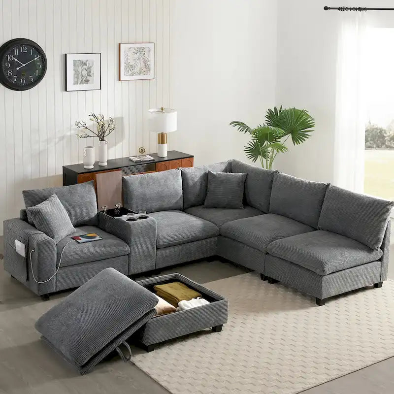 U-förmiges Chenille-Sofa mit Ottomane, Konsole, Getränkehalter, breiter Sitzfläche, USB