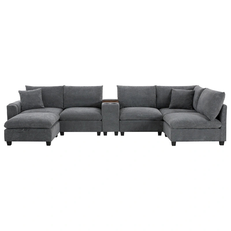 U-förmiges Chenille-Sofa mit Ottomane, Konsole, Getränkehalter, breiter Sitzfläche, USB