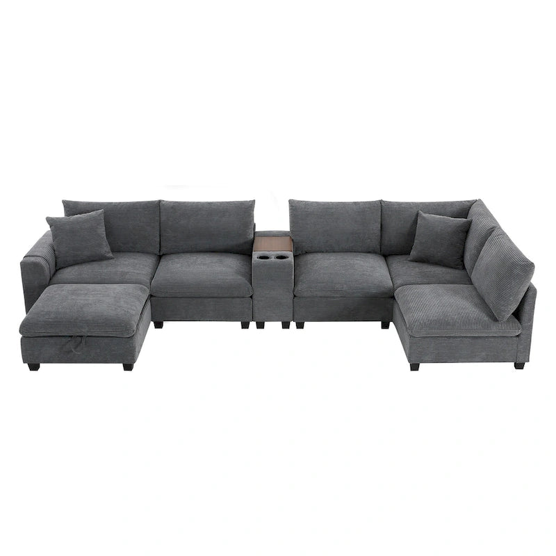 U-förmiges Chenille-Sofa mit Ottomane, Konsole, Getränkehalter, breiter Sitzfläche, USB