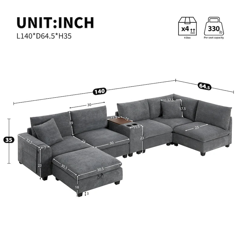 U-förmiges Chenille-Sofa mit Ottomane, Konsole, Getränkehalter, breiter Sitzfläche, USB