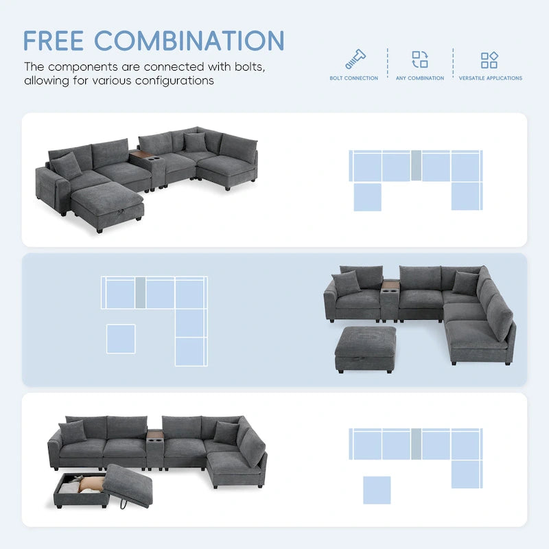 U-förmiges Chenille-Sofa mit Ottomane, Konsole, Getränkehalter, breiter Sitzfläche, USB