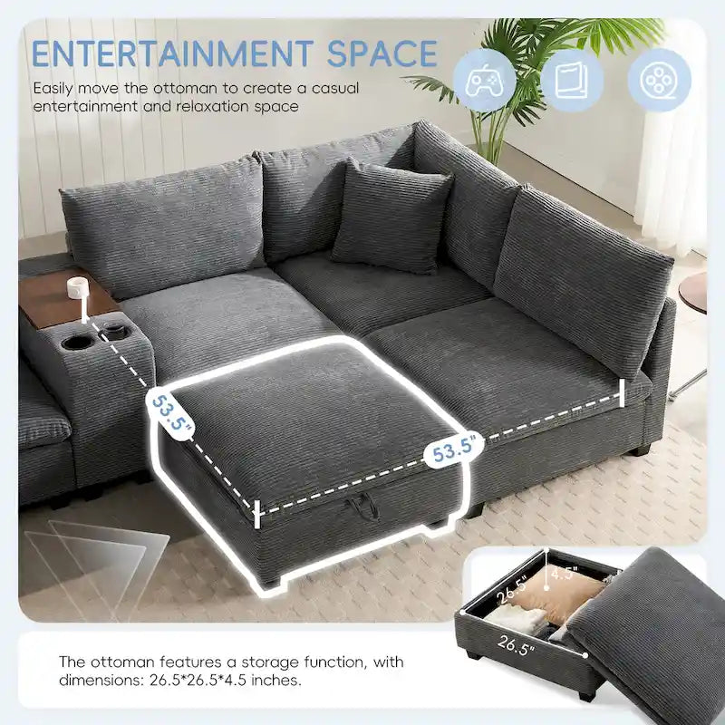 U-förmiges Chenille-Sofa mit Ottomane, Konsole, Getränkehalter, breiter Sitzfläche, USB