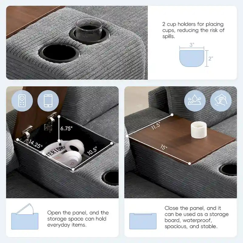 U-förmiges Chenille-Sofa mit Ottomane, Konsole, Getränkehalter, breiter Sitzfläche, USB