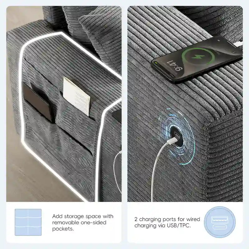 U-förmiges Chenille-Sofa mit Ottomane, Konsole, Getränkehalter, breiter Sitzfläche, USB