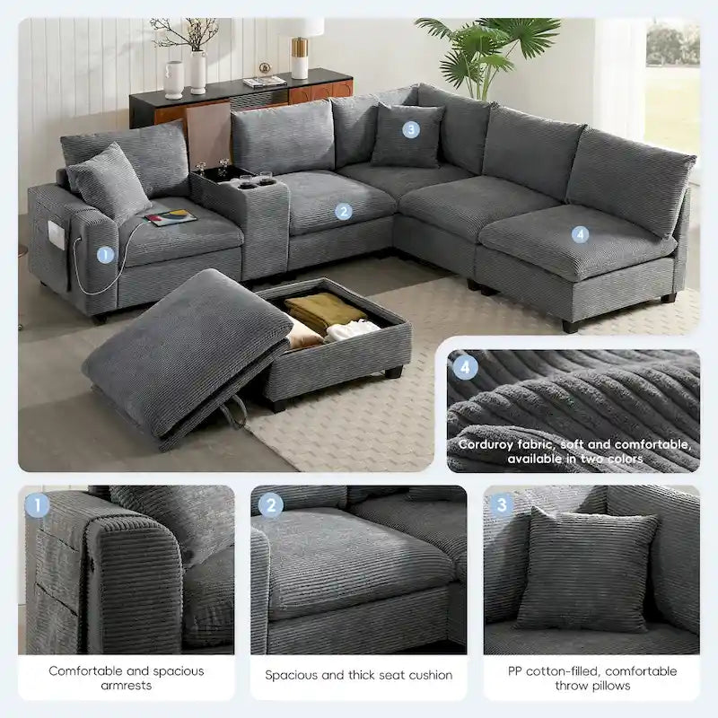 U-förmiges Chenille-Sofa mit Ottomane, Konsole, Getränkehalter, breiter Sitzfläche, USB