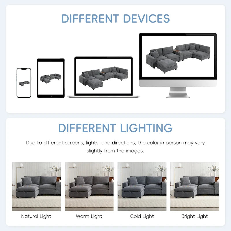 U-förmiges Chenille-Sofa mit Ottomane, Konsole, Getränkehalter, breiter Sitzfläche, USB
