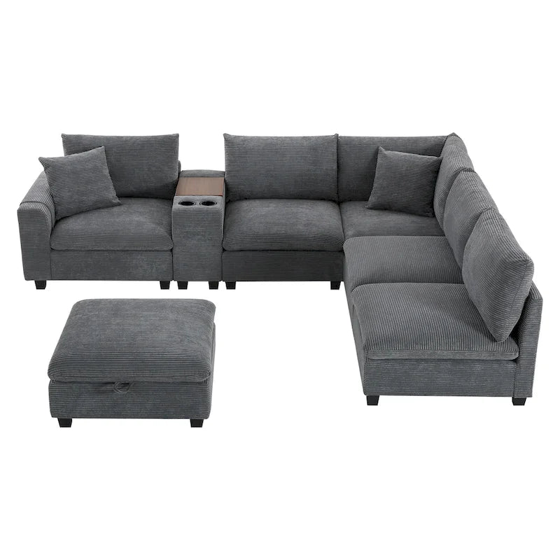 U-förmiges Chenille-Sofa mit Ottomane, Konsole, Getränkehalter, breiter Sitzfläche, USB