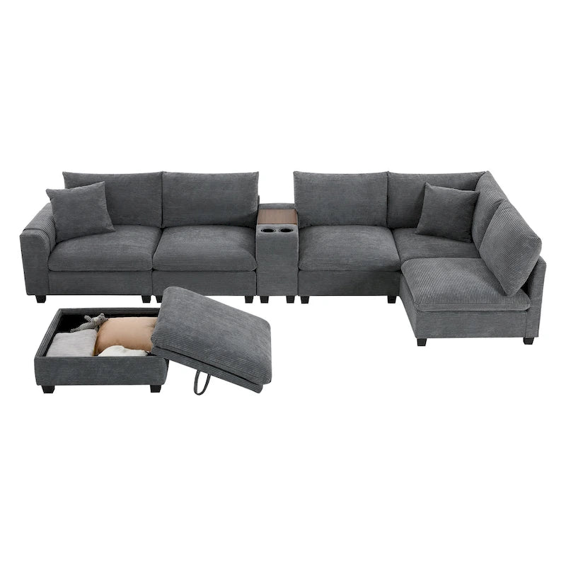 U-förmiges Chenille-Sofa mit Ottomane, Konsole, Getränkehalter, breiter Sitzfläche, USB