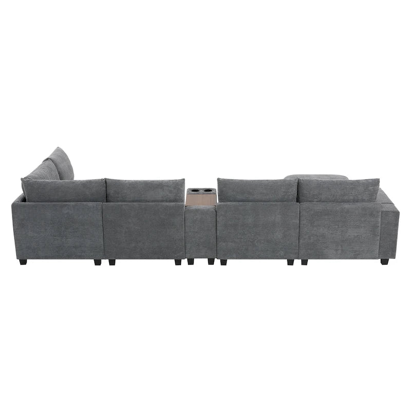 U-förmiges Chenille-Sofa mit Ottomane, Konsole, Getränkehalter, breiter Sitzfläche, USB