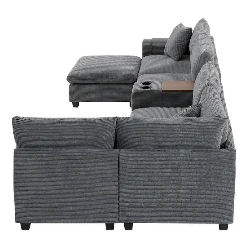 U-förmiges Chenille-Sofa mit Ottomane, Konsole, Getränkehalter, breiter Sitzfläche, USB