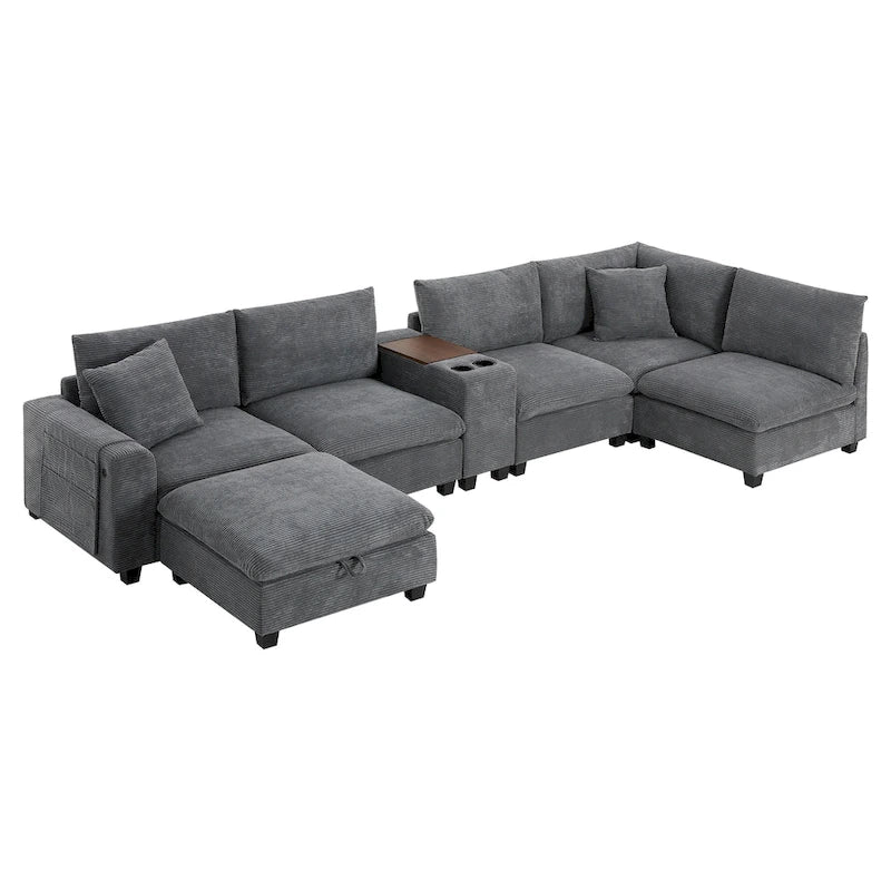 U-förmiges Chenille-Sofa mit Ottomane, Konsole, Getränkehalter, breiter Sitzfläche, USB