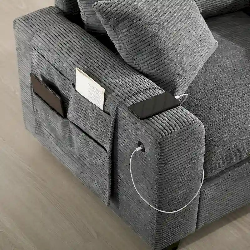 U-förmiges Chenille-Sofa mit Ottomane, Konsole, Getränkehalter, breiter Sitzfläche, USB