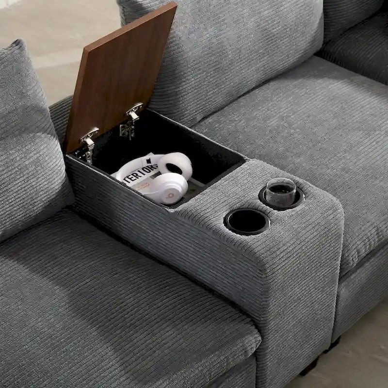 U-förmiges Chenille-Sofa mit Ottomane, Konsole, Getränkehalter, breiter Sitzfläche, USB