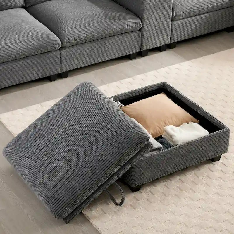 U-förmiges Chenille-Sofa mit Ottomane, Konsole, Getränkehalter, breiter Sitzfläche, USB