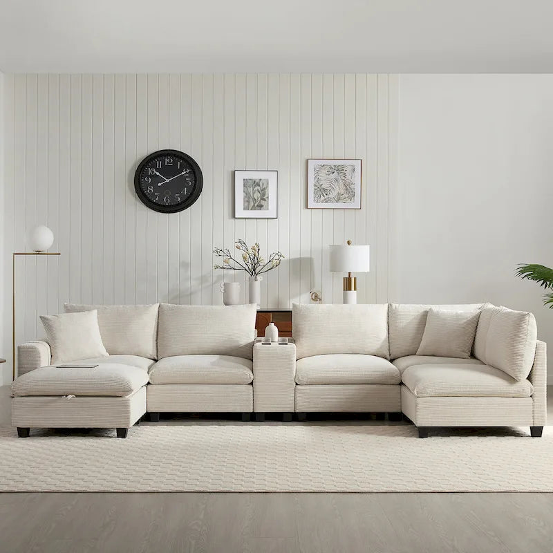 U-förmiges Chenille-Sofa mit Ottomane, Konsole, Getränkehalter, breiter Sitzfläche, USB