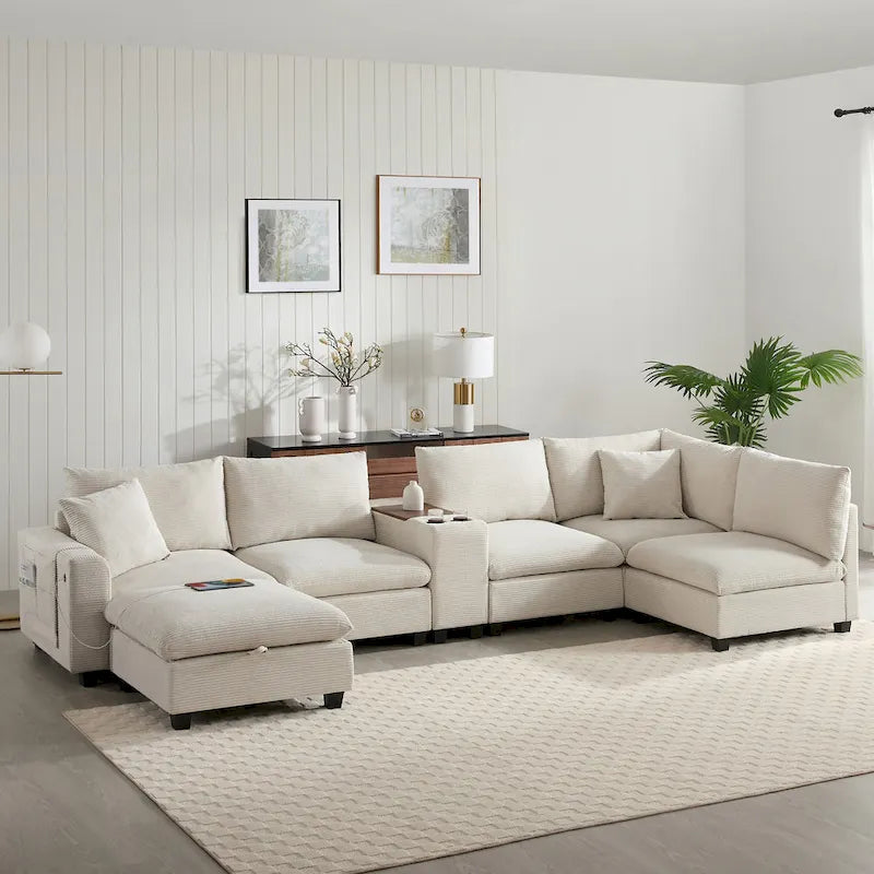 U-förmiges Chenille-Sofa mit Ottomane, Konsole, Getränkehalter, breiter Sitzfläche, USB