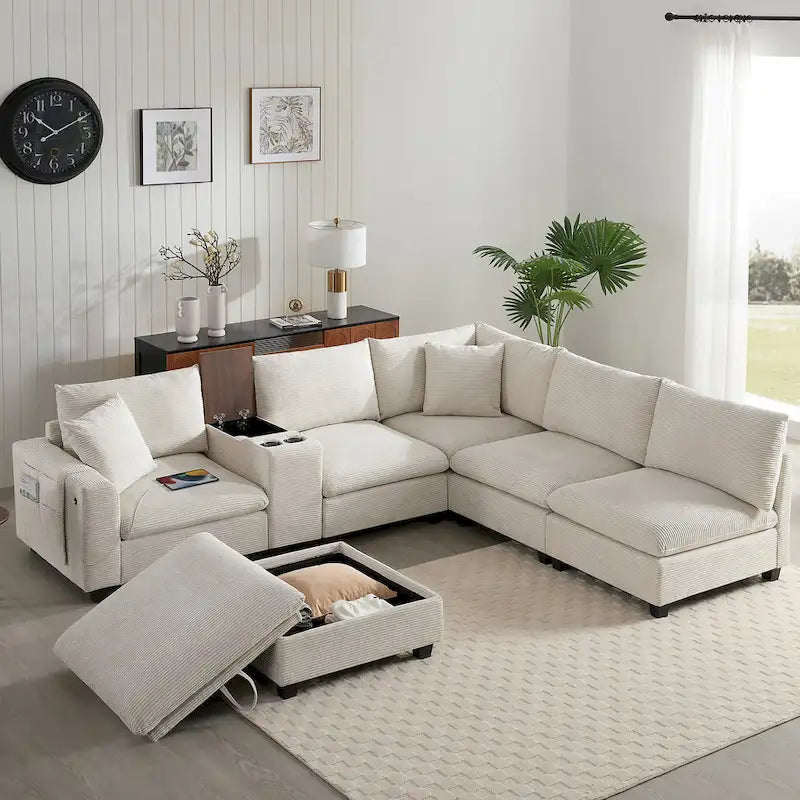 U-förmiges Chenille-Sofa mit Ottomane, Konsole, Getränkehalter, breiter Sitzfläche, USB