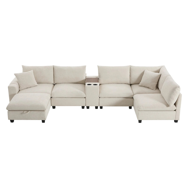 U-förmiges Chenille-Sofa mit Ottomane, Konsole, Getränkehalter, breiter Sitzfläche, USB