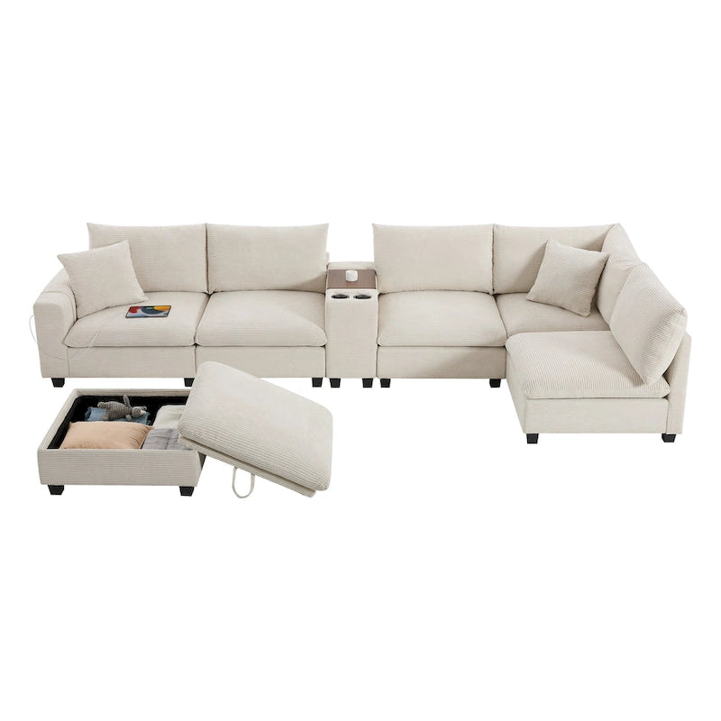 U-förmiges Chenille-Sofa mit Ottomane, Konsole, Getränkehalter, breiter Sitzfläche, USB