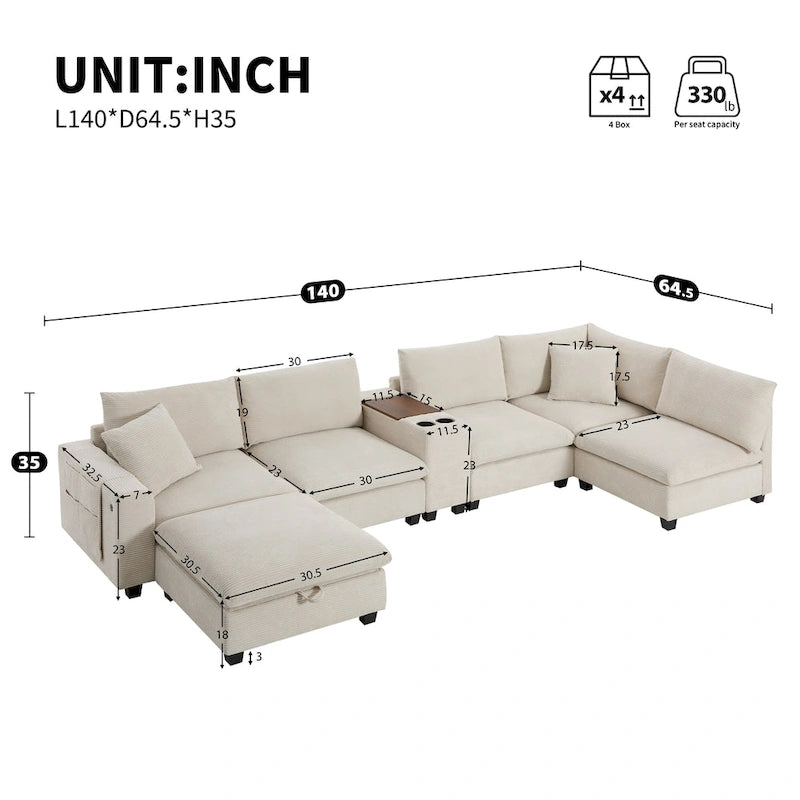 U-förmiges Chenille-Sofa mit Ottomane, Konsole, Getränkehalter, breiter Sitzfläche, USB