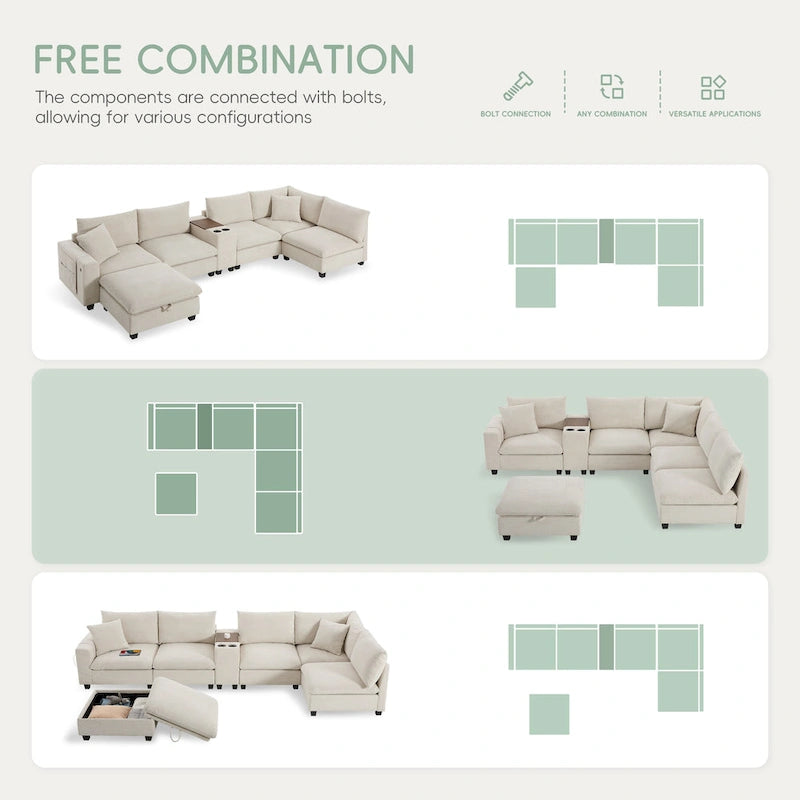 U-förmiges Chenille-Sofa mit Ottomane, Konsole, Getränkehalter, breiter Sitzfläche, USB