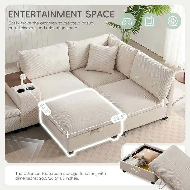 U-förmiges Chenille-Sofa mit Ottomane, Konsole, Getränkehalter, breiter Sitzfläche, USB